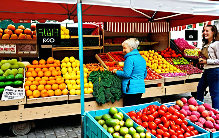 **
"Colorful market stall in Kraków, Poland. Fresh fruits, vegetables, and flowers are displayed with vibrant, eye-catching colors. Polish shoppers are browsing, with smiles on their faces. A sense of energy and excitement."
**