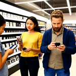 **

A diverse group of consumers browsing smartphones in a modern electronics store. Some are comparing prices using mobile apps, while others are reading online reviews. Emphasis on informed decision-making and the influence of technology on consumer choices. Fair Trade coffee bags are visible in the background, subtly highlighting ethical consumerism. The store is bright and modern with a diverse crowd, showing different ages and ethnicities.

**