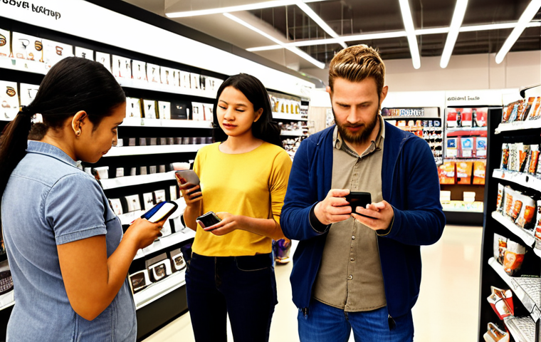 **
A diverse group of consumers browsing smartphones in a modern electronics store. Some are comparing prices using mobile apps, while others are reading online reviews. Emphasis on informed decision-making and the influence of technology on consumer choices. Fair Trade coffee bags are visible in the background, subtly highlighting ethical consumerism. The store is bright and modern with a diverse crowd, showing different ages and ethnicities.
**