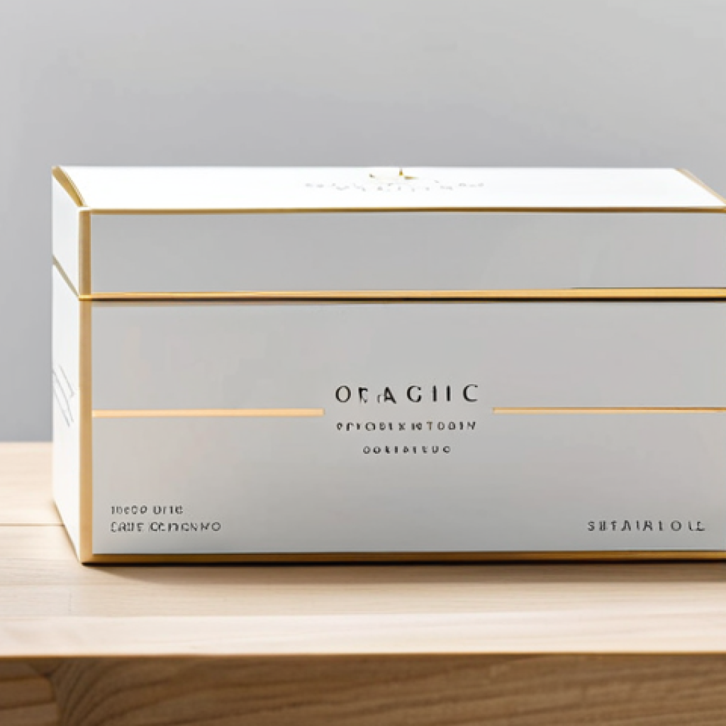 A meticulously designed, minimalist product packaging for a premium organic cosmetic line, featuring elegant typography and a subtle metallic sheen. The product box sits on a clean, light-colored wooden table in a well-lit, contemporary retail display setting. The overall atmosphere conveys a sense of luxury, high quality, and sophisticated appeal, embodying the halo effect. Professional photography, sharp focus, natural lighting, appropriate content, safe for work, family-friendly.