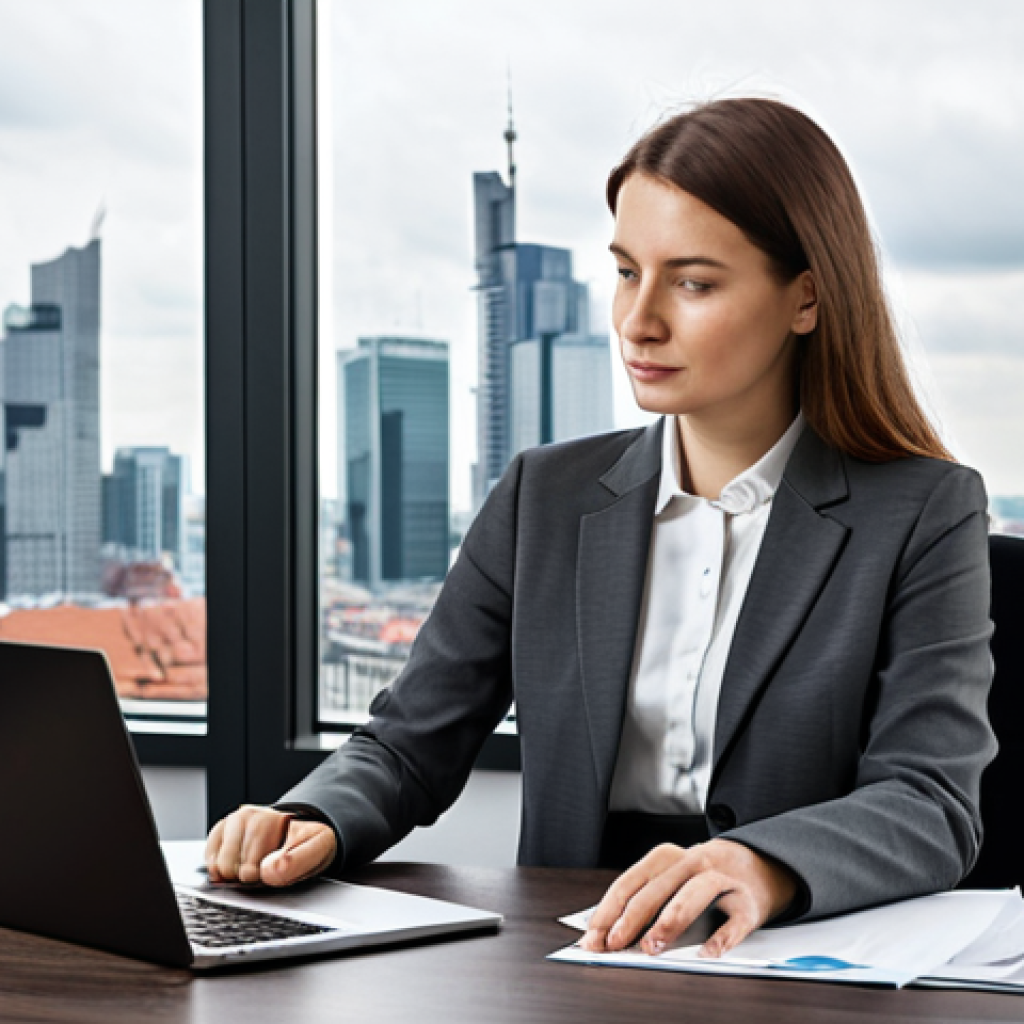 **
A professional businesswoman in a modern Warsaw office. She is wearing a modest, tailored business suit (skirt and jacket combination) in a charcoal gray color. She's sitting at her desk, reviewing documents. The office has large windows with a view of the city skyline on a cloudy day. The lighting is soft and natural. Safe for work, appropriate content, fully clothed, professional, perfect anatomy, correct proportions, natural pose, well-formed hands, proper finger count, natural body proportions, high resolution, realistic, professional photography.
**