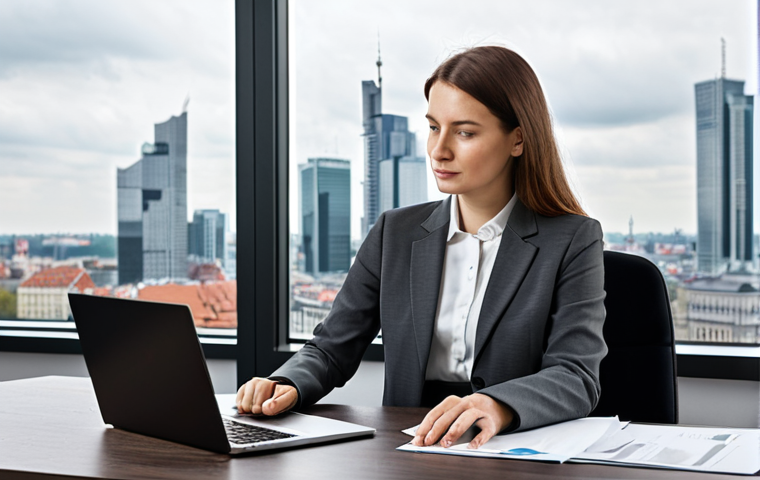 **

A professional businesswoman in a modern Warsaw office. She is wearing a modest, tailored business suit (skirt and jacket combination) in a charcoal gray color.  She's sitting at her desk, reviewing documents. The office has large windows with a view of the city skyline on a cloudy day. The lighting is soft and natural. Safe for work, appropriate content, fully clothed, professional, perfect anatomy, correct proportions, natural pose, well-formed hands, proper finger count, natural body proportions, high resolution, realistic, professional photography.

**