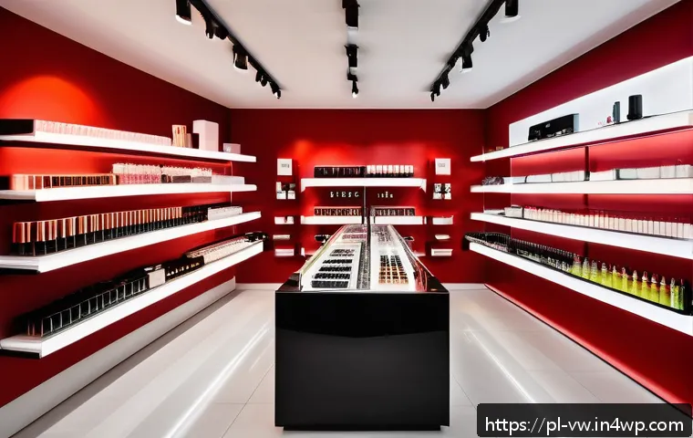 소비자 구매 여정에서의 심리적 터치포인트 - A modern Polish boutique cosmetics store interior, featuring elegant product displays with eye-catch...
