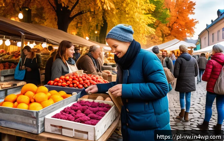 소비자 심리와 셀프 이미지의 중요성 - A cozy Polish local market scene during autumn, featuring a diverse group of happy shoppers browsing...
