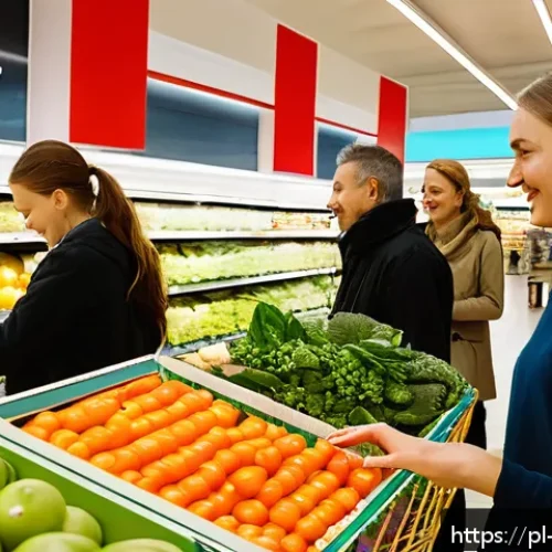 Home 30 소비자 심리적 압박감과 구매 결정 - A vibrant shopping scene inside a modern Polish supermarket, showing diverse adults and young adults...