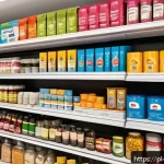 Home 23 소비자 심리와 구매 결정 과정의 심리적 요인 - A modern retail shelf in a Polish grocery store, showcasing a variety of products with elegant, mute...